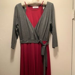 Anthropology - red and grey knee length ballerina style dress